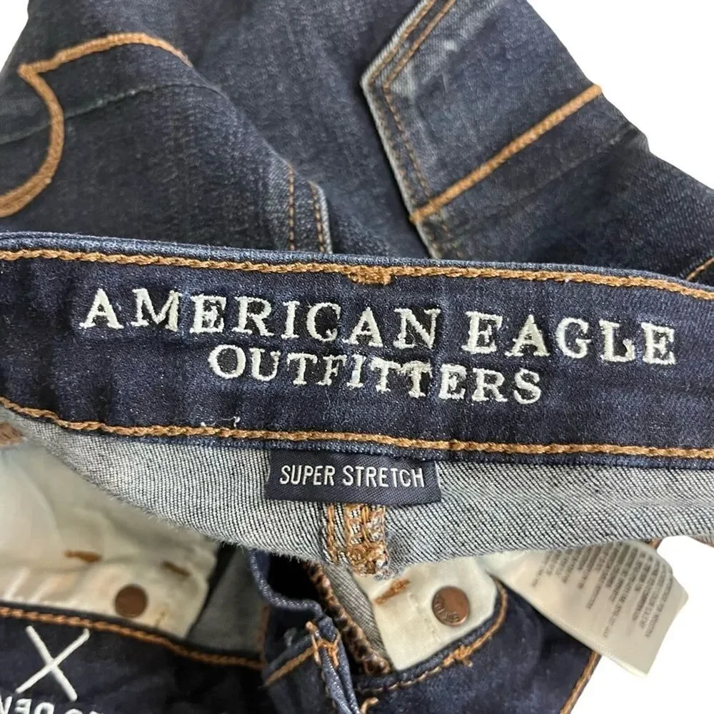 AMERICAN EAGLE SUPER HI RISE SHORTIE Raw Hem Cut Offs Dark Distressed Shorts 4